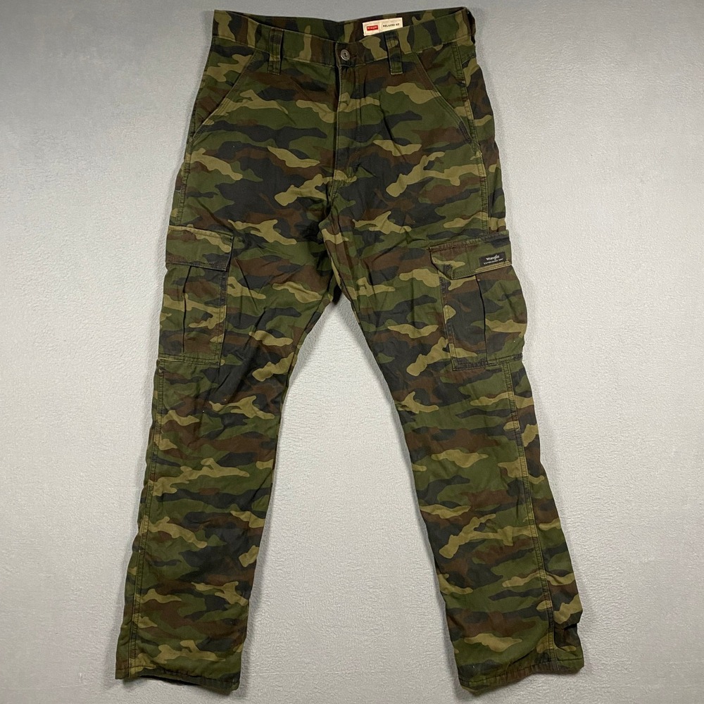 Wrangler Fleece Lined Camo Cargo Pants Mens 30x32 Green Relaxed Fit 112359782